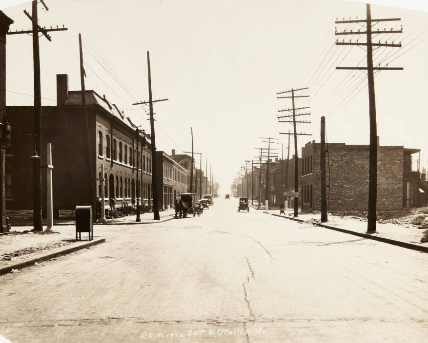 Buildings and telephone wire poles along O'Fallon Street near its intersection with 20th, 1915