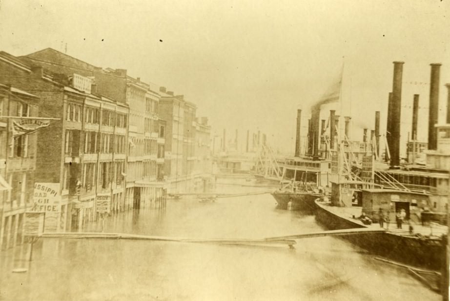 Saint Louis, Missouri riverfront at flood stage, 1858.