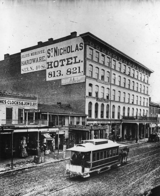 Once one of old St. Louis' better known hotels, on Fourth between Morgan (now Delmar) and Franklin, the St. Nicholas began losing its glory in the 1870s when this photo was made.