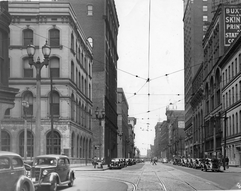 Fourth and Olive looking north, taken in the 1870.