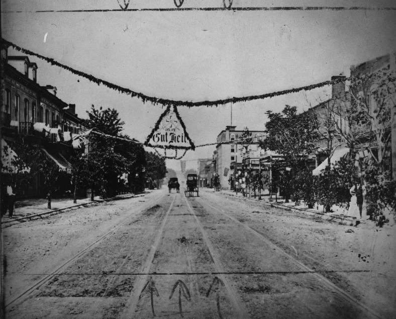 Looking north on Broadway from Nagel st. shows a local celebration of the Carondelet Germania Turn Verein, 1880s