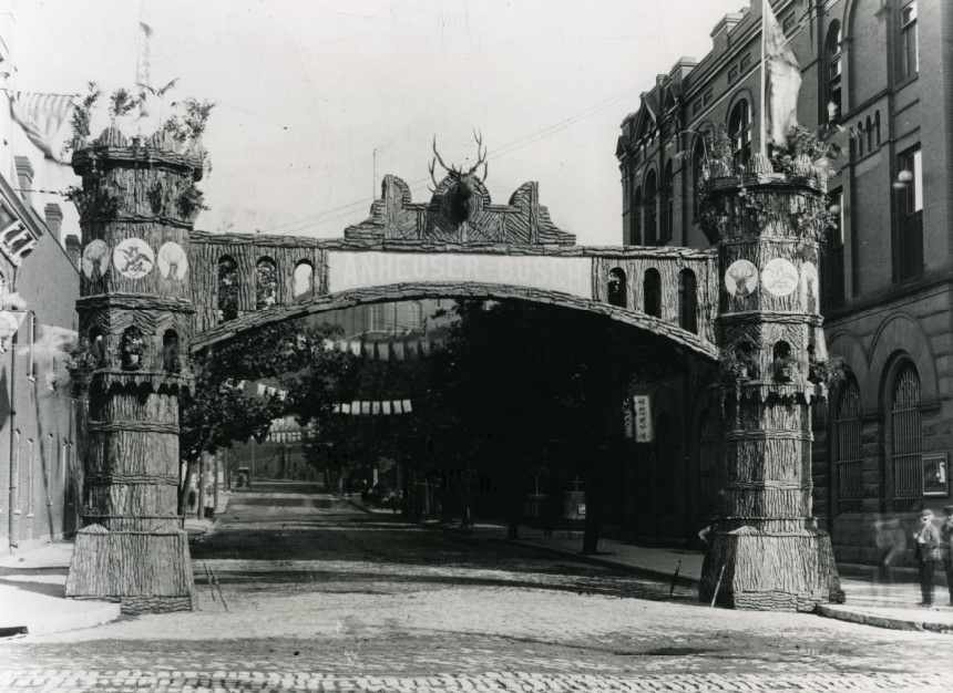 A decorative arch, put in place for the visiting Elks, as pictured at Anheuser-Busch Brewery in 1899.