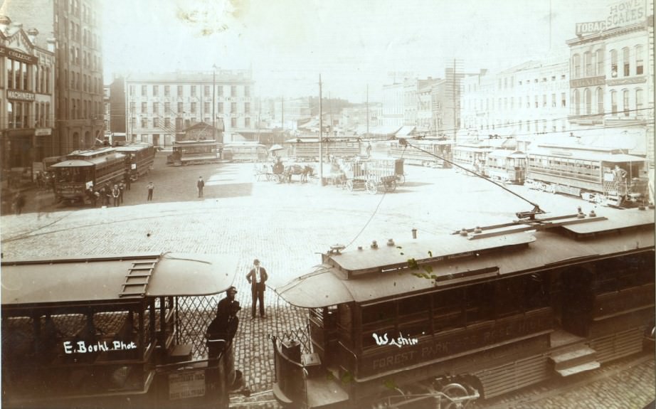 The Washington Avenue streetcar loop in St. Louis in 1890.