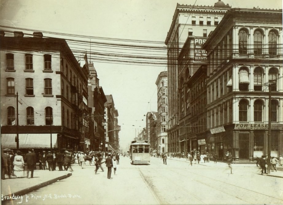 The intersection of Pine and Broadway in St. Louis in the late 1890s. The view is looking north on Broadway across Pine.