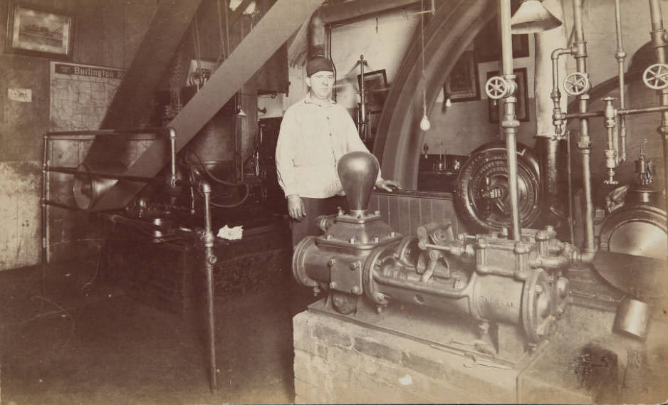 A man operating mechanical building equipment from The Deane Steam Pump company, 1899