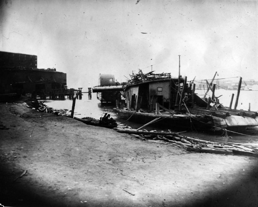 This levee scene taken just after the cyclone of 1896, shows the damage to the transfer boat Ma dell.