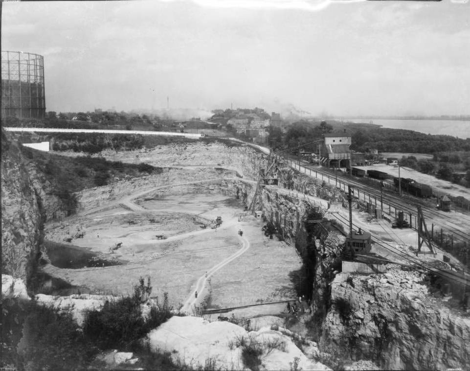 View northeast overlooking the stone quarry of the St. Louis City Workhouse at SE corner of South Broadway & Meramec Street, 1925
