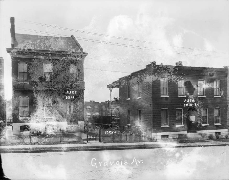 View of two brick dwellings on the 320 block of Gravois. From resource: 3216, 3218-20 Gravois Av., P. 225, P. 226