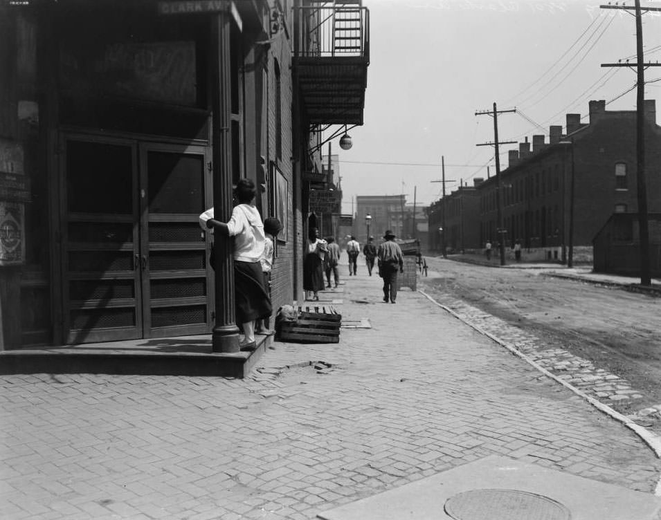 View looking North down Leffingwell from the drug store on the corner of Clark that had been occupied at one time by Lewis Caldwell, 1925