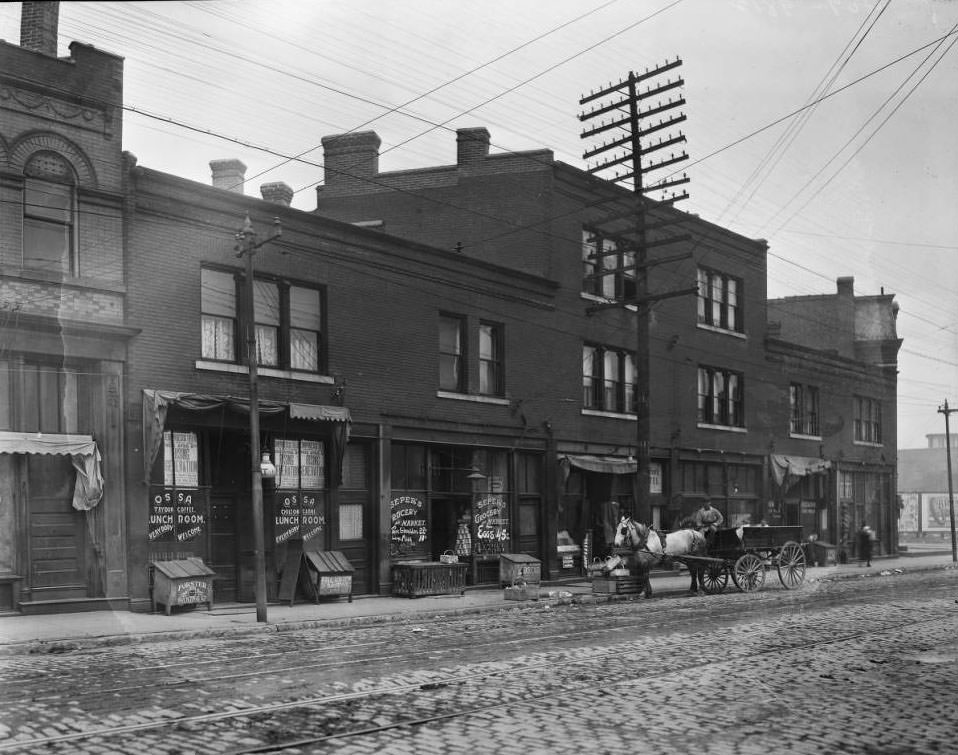 View of a man on a horse-drawn wagon in front a of several buildings on the west side of South Vandeventer Ave. in the 800 block between Gratiot and Papin Streets, 1925