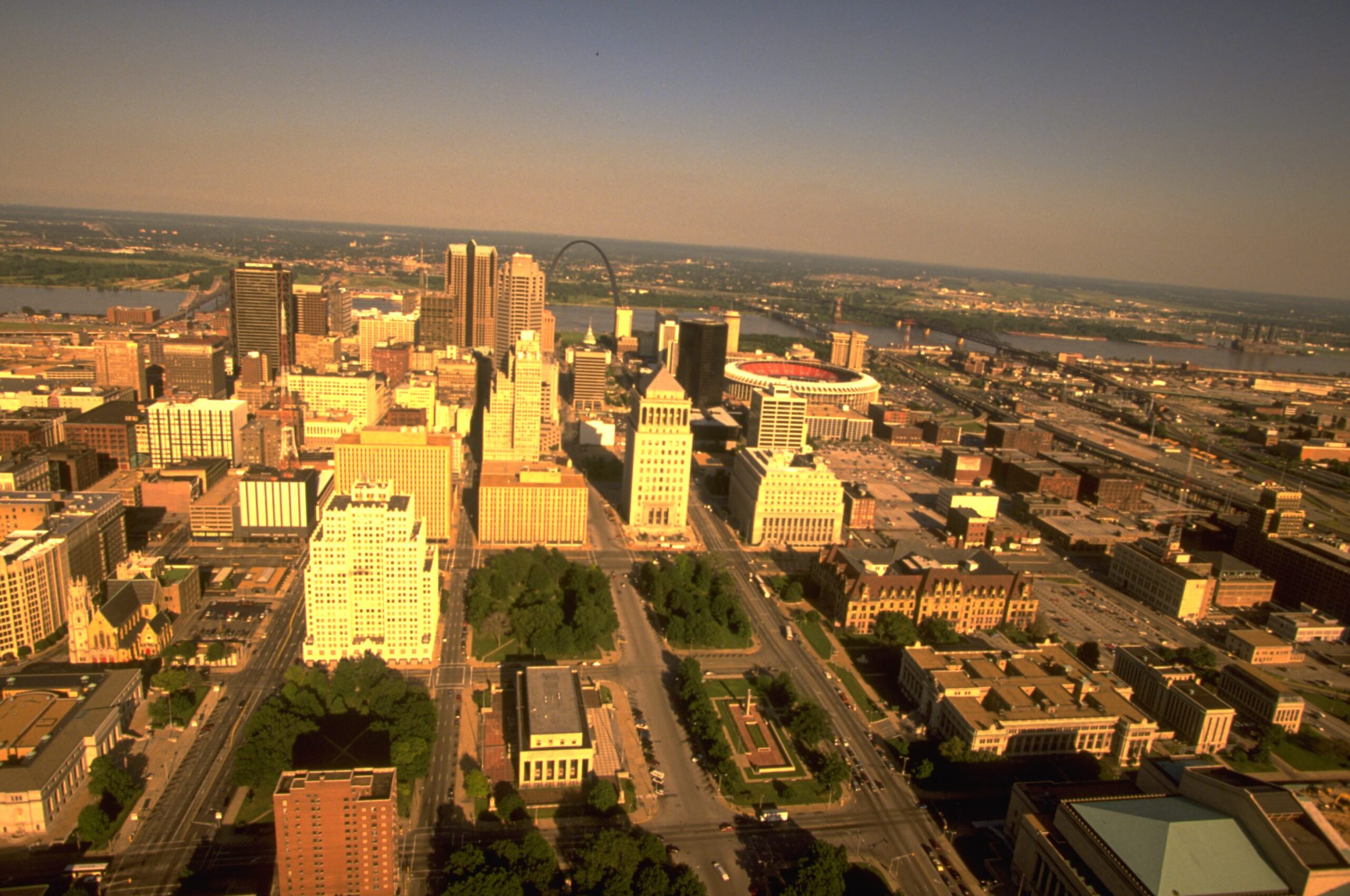 Aerial view of St. Louis during the great flood, 1993