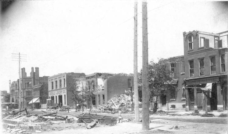 This view of the eastern edge of the Lafayette Square neighborhood, looking west from Dolman Street, shows the ruins of the Herold Livery Company, at 1717 Park Avenue.
