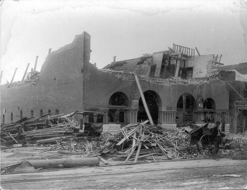 John P. Collins Livery Stables and Undertaking Company tornado damage, 1896.
