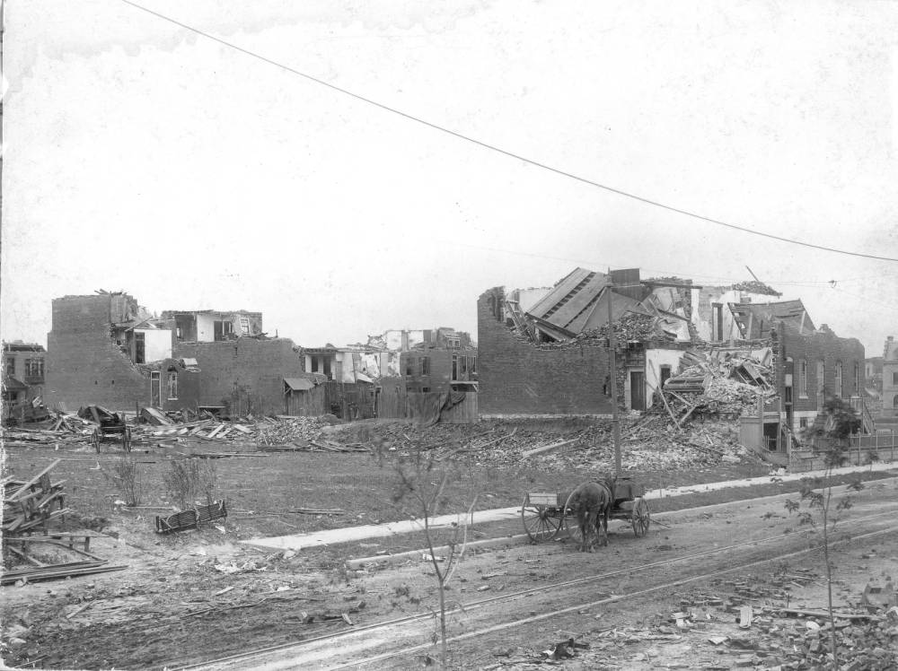 This photograph is identified as being taken at Park Avenue and 18th Street. This area suffered a direct hit from the tornado and most structures were destroyed.