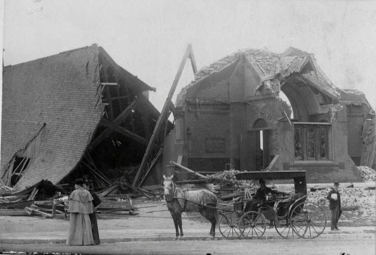Mt. Calvary Episcopal Church stood on the southwest corner of Lafayette and Jefferson Avenues, and was damaged beyond repair by the Great Cyclone of May 1896.
