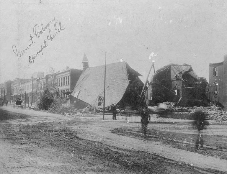 Mt. Calvary Episcopal Church stood on the southwest corner of Lafayette and Jefferson Avenues, and was damaged beyond repair by the Great Cyclone of May 1896.