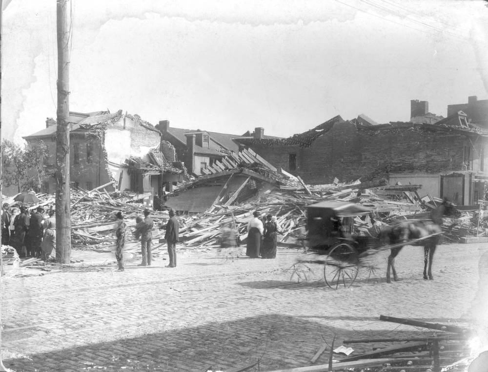 Scene of destruction at Broadway and Soulard Street, 1896