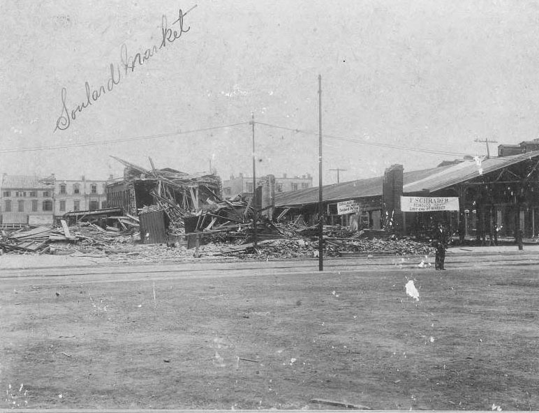 Soulard Market and neighboring buildings after tornado, 1896