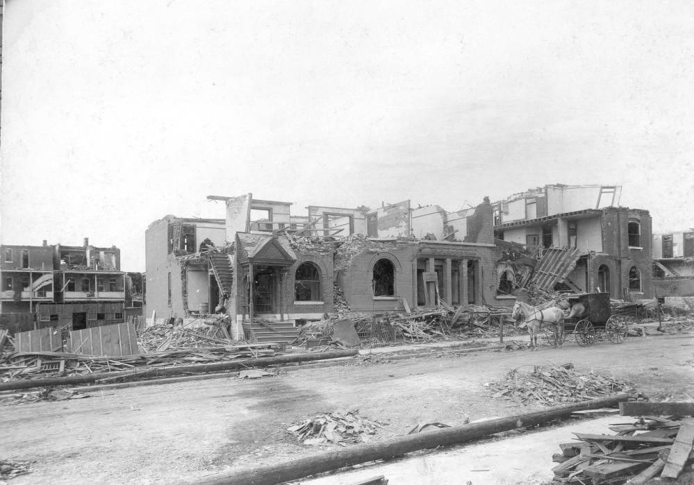 This is a block of damaged flats, or apartments, located at Allen and Ohio Avenues, southeast of Lafayette Square.