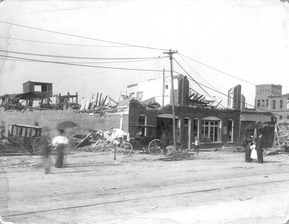 The Heier and Wiebusch Livery stable, heavily damaged, 1896