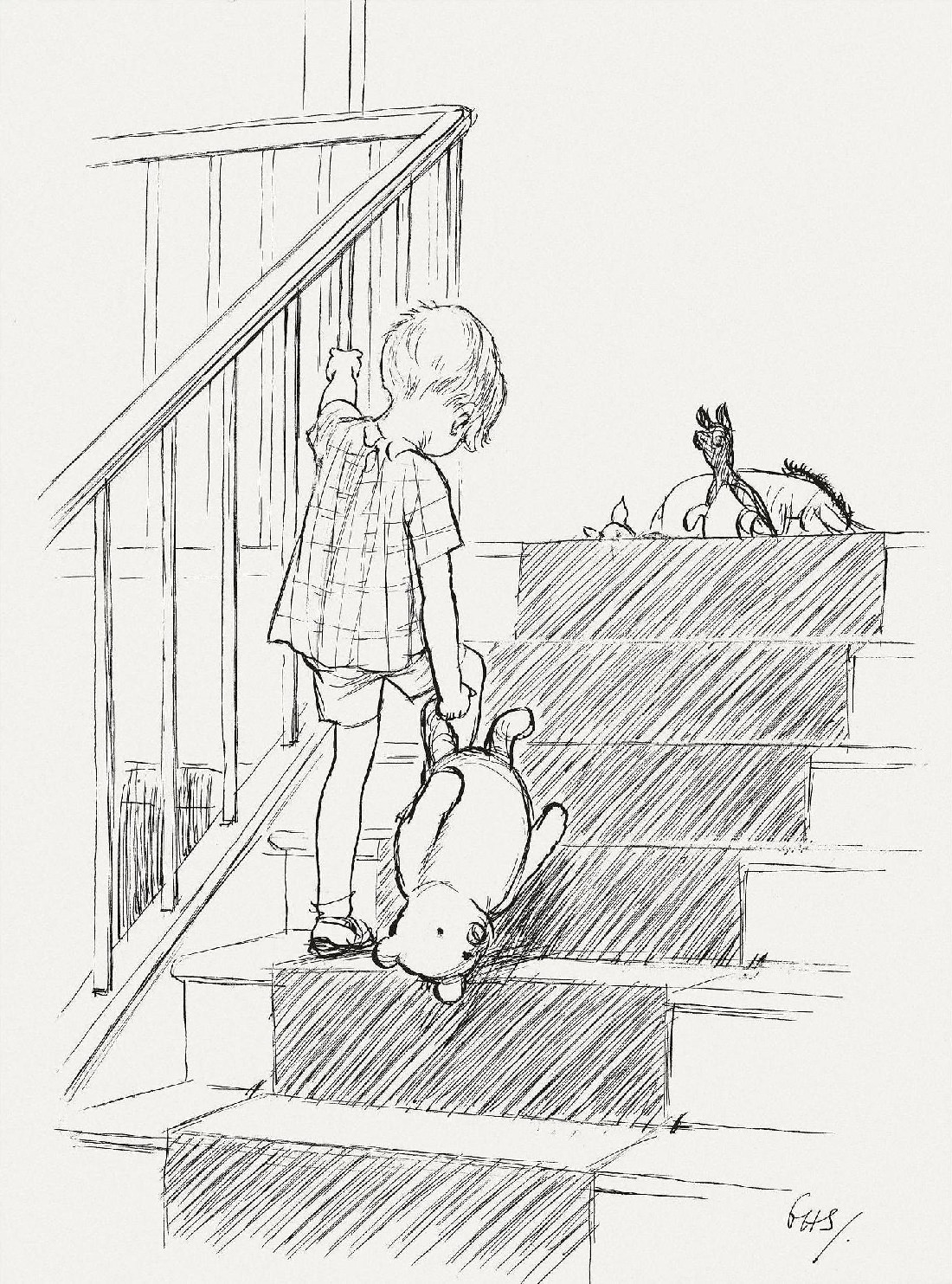 He nodded and went out …and in a moment I heard Winnie-the-Pooh bump, bump, bump – going up the stairs behind him.