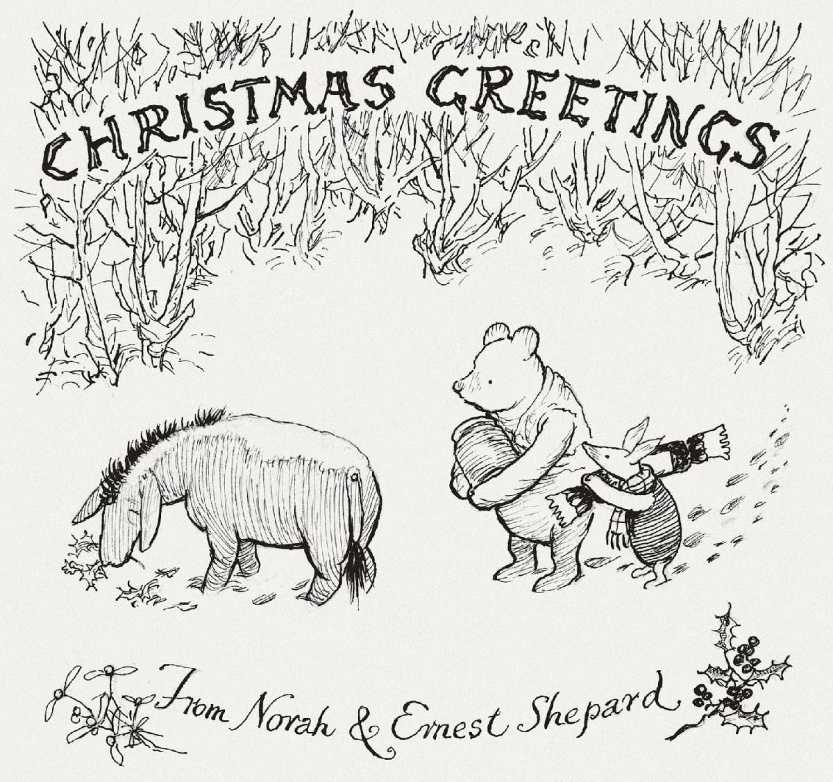This illustration of Eeyore with holly, Pooh with a jar of honey and Piglet with a Christmas cracker comprises the original illustration for the only known Christmas card