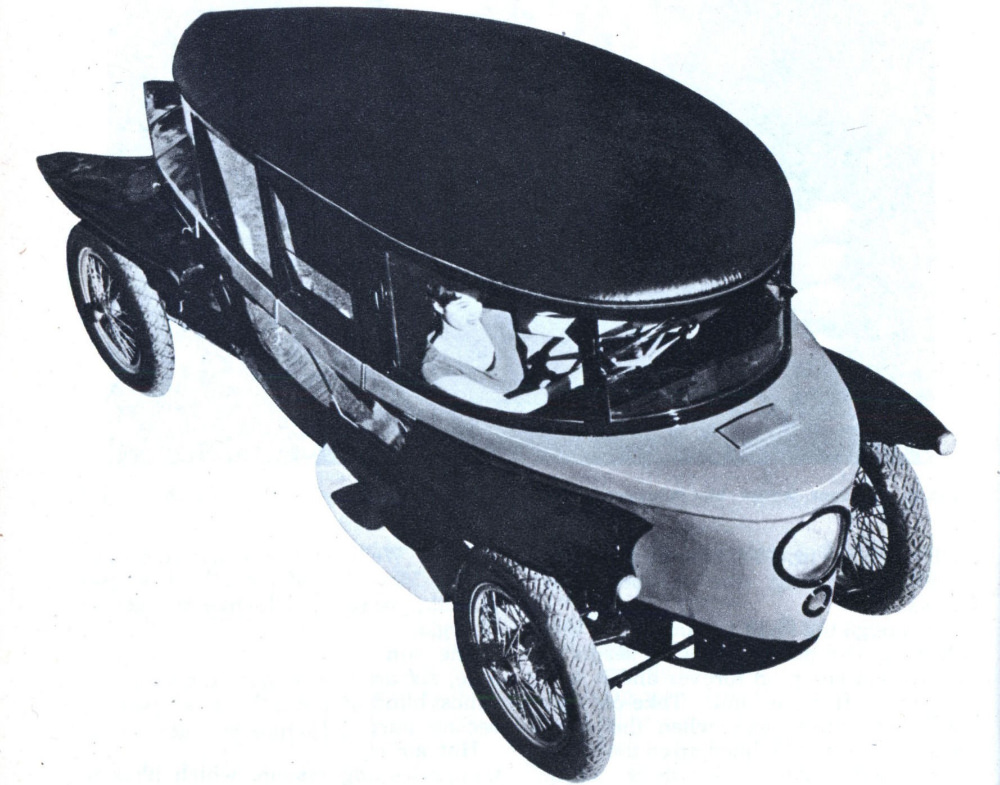 Rumpler Drop Car (1918-21) is an early German streamliner. Rear-mounted engine has four cylinders, 60 mph top speed.