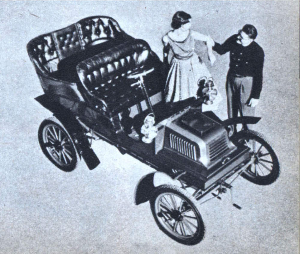 1914 Baker Electric Roadster. It travels up to 100 miles at 25 mph on big batteries.