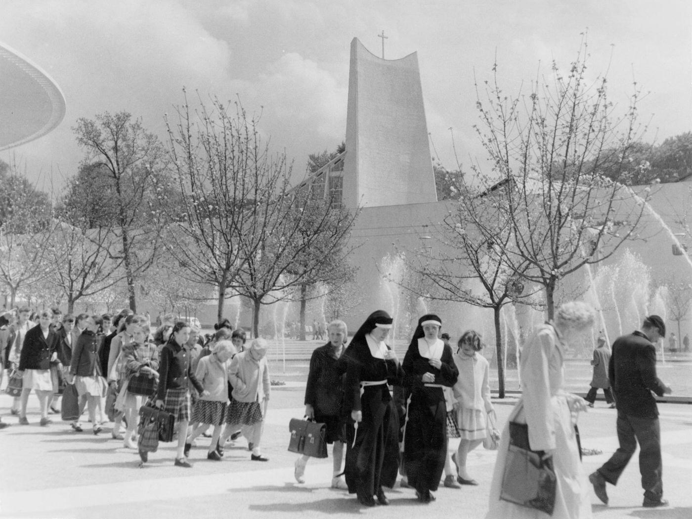 Pavilion of the Vatican, modern church with bell tower, fountains