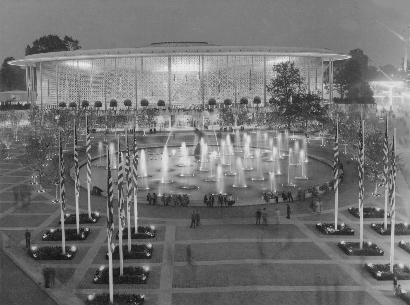 American Pavilion by night, Architect Edward Durell Stone, cupola