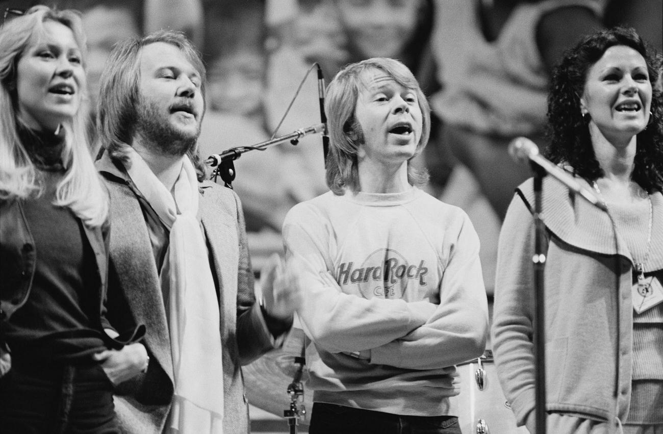 Abba performing at 'The Music for UNICEF Concert: A Gift of Song' benefit concert, held at the United Nations General Assembly in New York City, 9th January 1979.