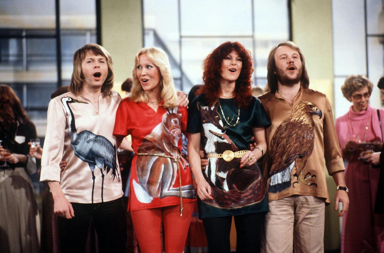 Björn Ulvaeus, Agnetha Fältskog, Anni-Frid Lyngstad and Benny Andersson during a performance on the German TV show "Amlaufen Band" in February 1978.