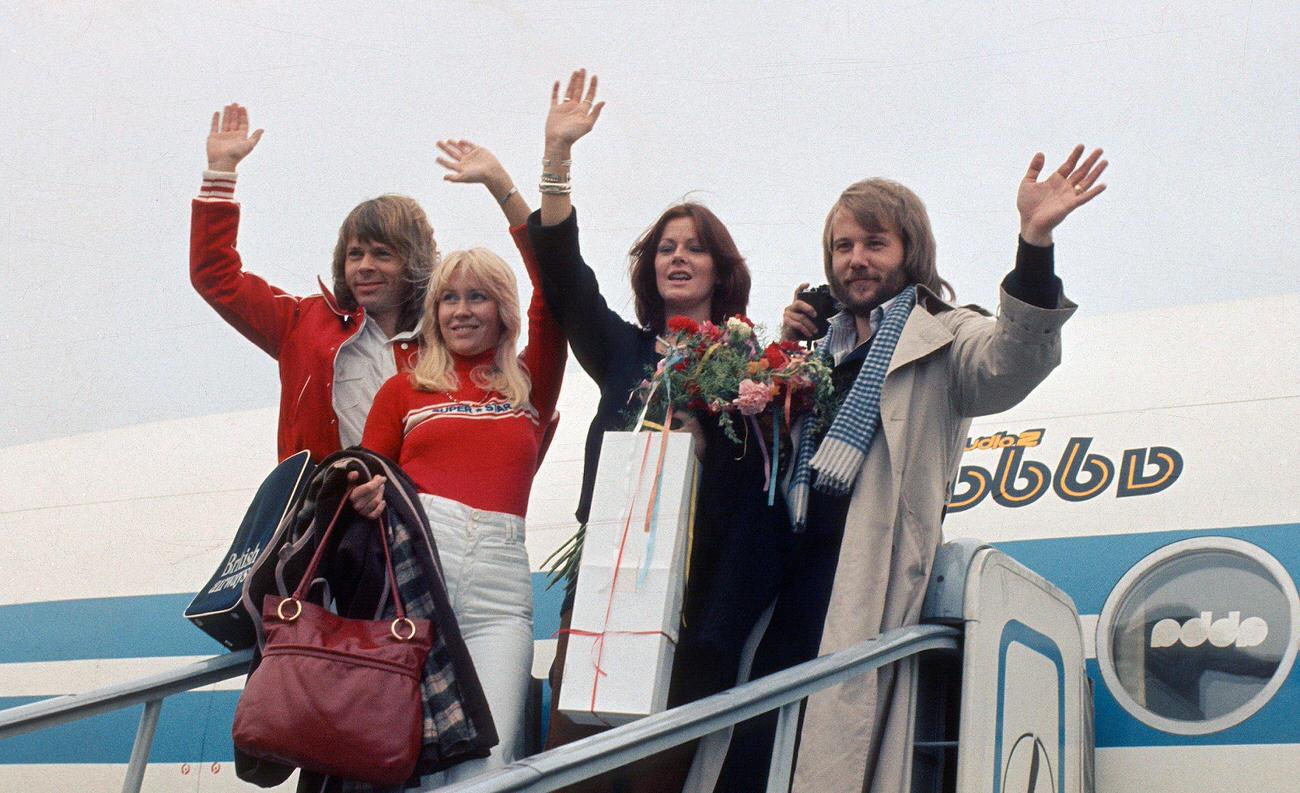 ABBA arrive for a tour of the USA on October 01, 1976 in the USA.