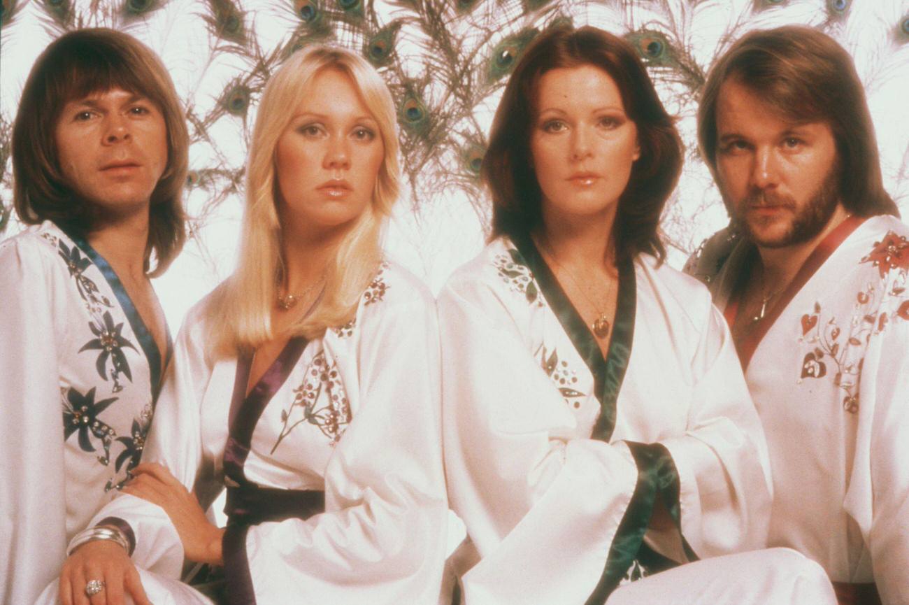 Swedish pop group Abba, wearing kimonos, 1976. Left to right: Bjorn Ulvaeus, Agnetha Faltskog, Frida Lyngstad and Benny Andersson.