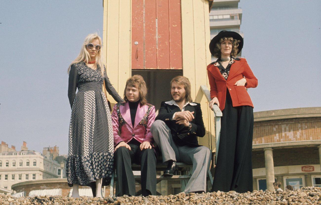 Abba, winners of the 1974 Eurovision Song Contest, pose on the beach on April 08, 1974 in Brighton, England.