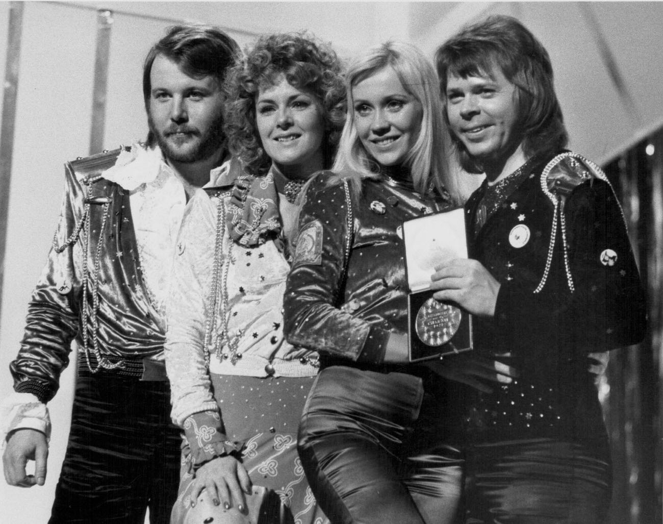 Swedish pop group Abba on stage, after winning the Eurovision Song Contest, Brighton, England, April 7th 1974.