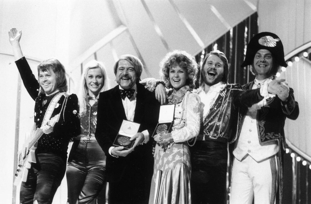 Pop group ABBA, who won the 1974 Eurovision Song Contest at the Dome, Brighton, Sussex, 1974