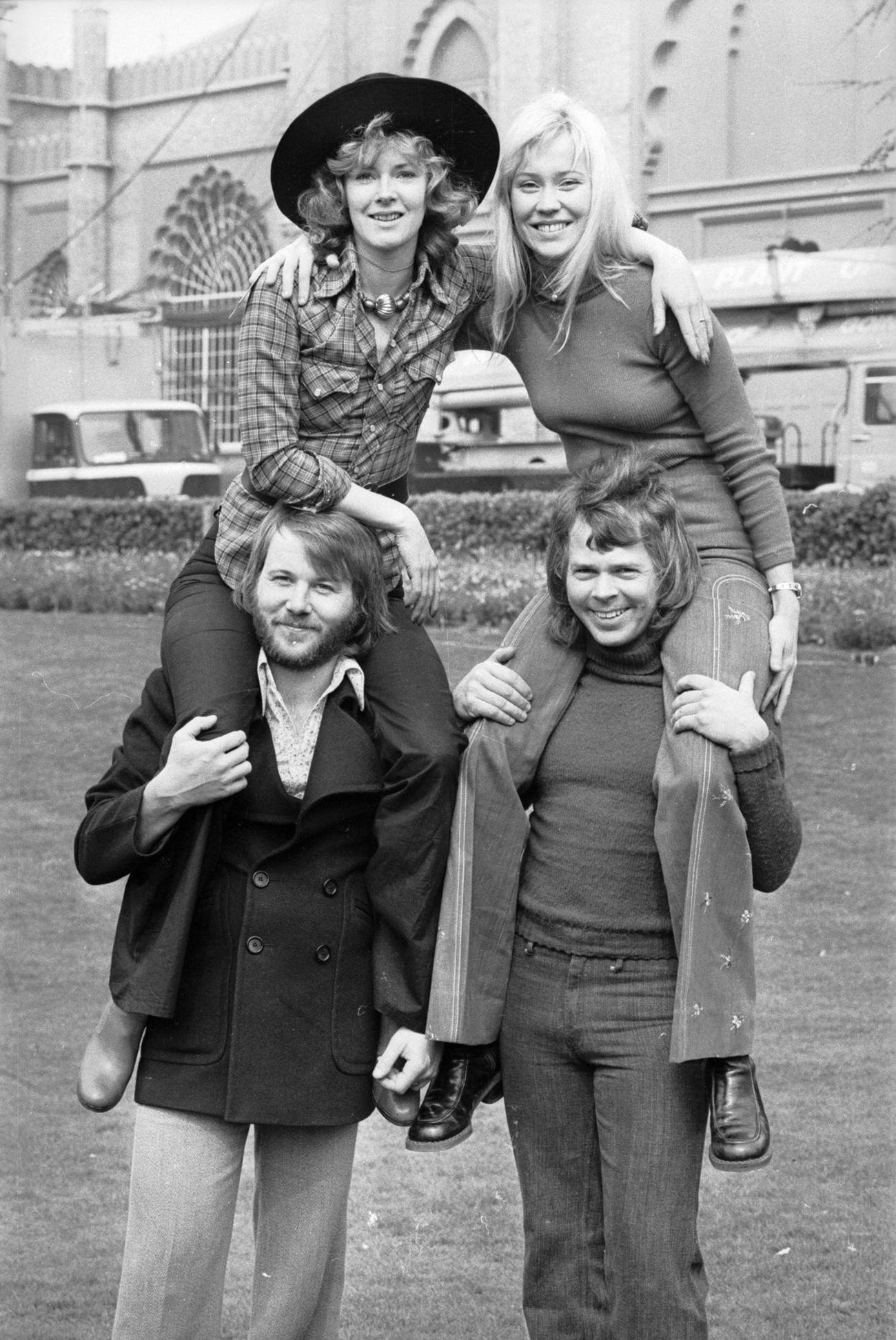 Benny Andersson, Anni-Frid Lyngstad, Agnetha Faltskog and Bjorn Ulvaeus of ABBA at Brighton, 1974