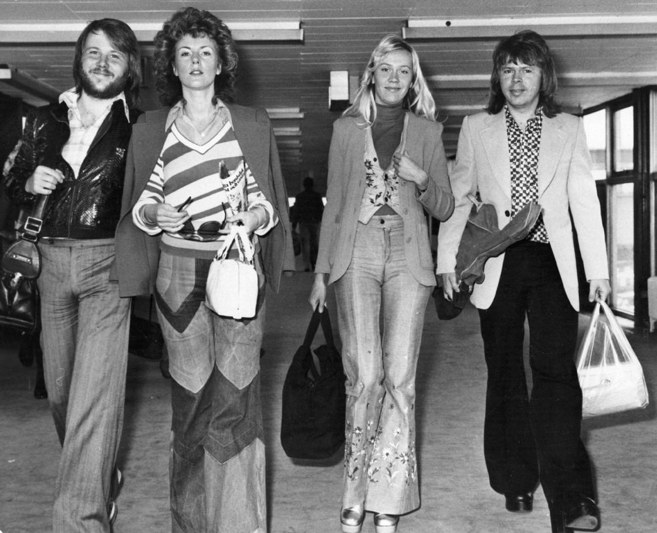 Abba arriving at London Airport, 1974