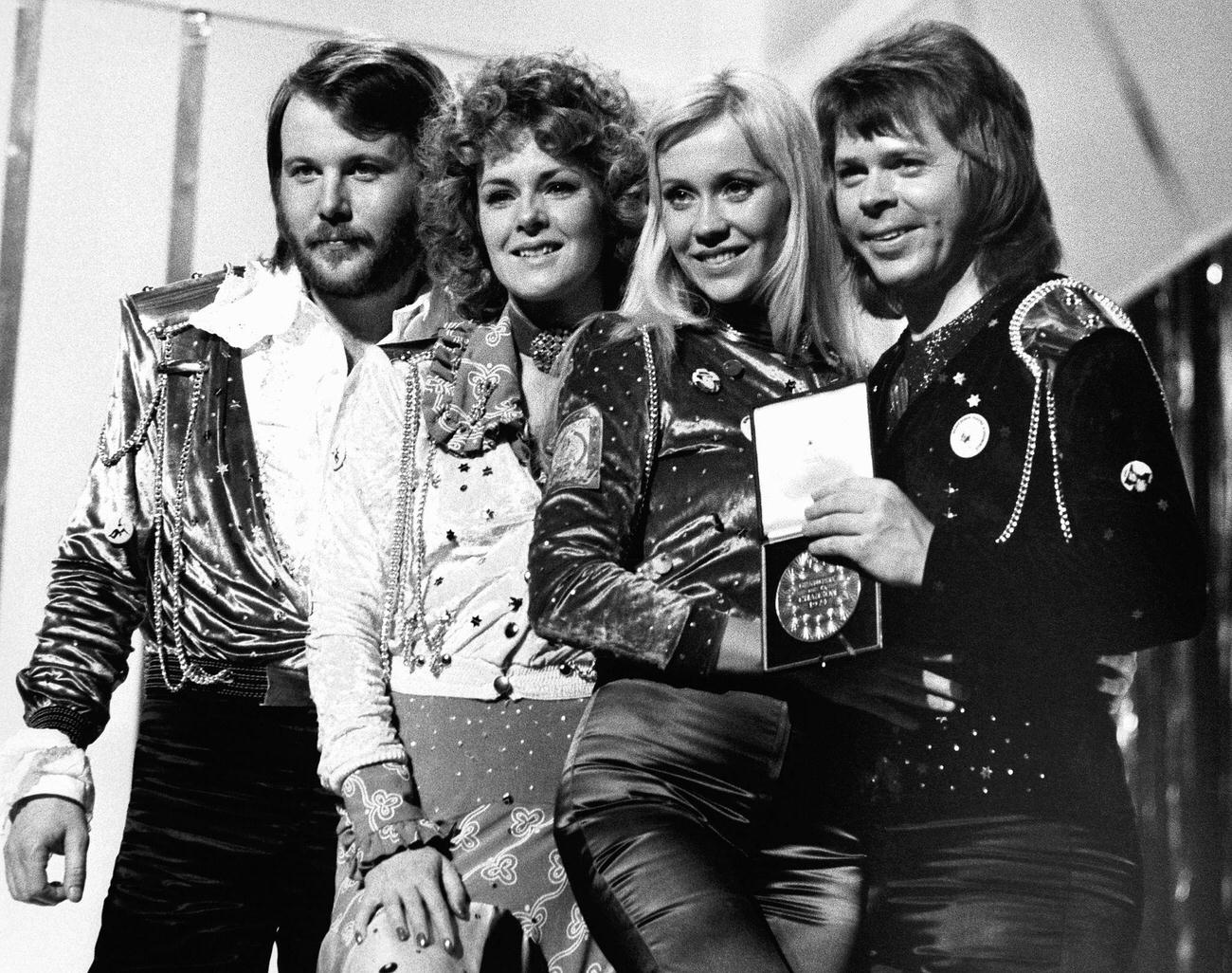 Abba with the first prize they won with their song Waterloo at the Eurovision Song Contest in Brighton.