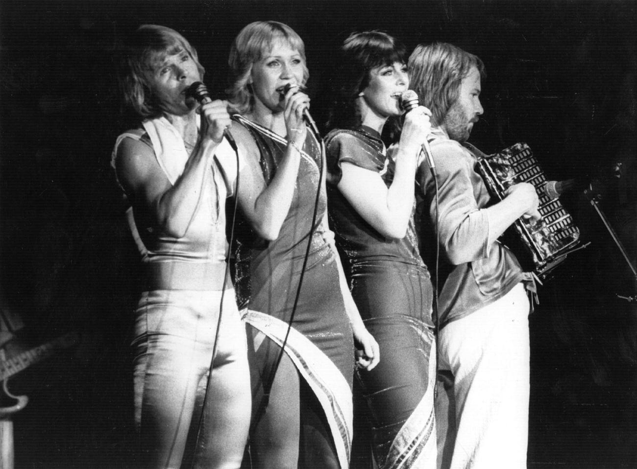 Abba (left to right) Bjorn Ulvaeus, Agnetha Faltskog, Anni-Frid Lyngstad and Benny Andersson, in concert, 1979