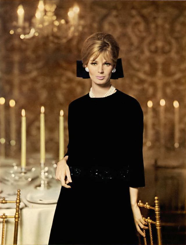 Anne de Zogheb in black wool knit dress with a jet-paved jacket by Kimberly, Vogue, September 15, 1964