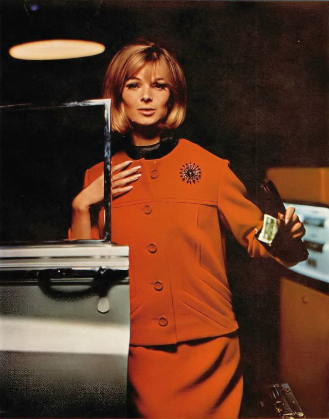 Anne de Zogheb in whipcord wool knit suit beautifully shaped by strategic welt seaming by Kimberly, Harper's Bazaar, August 1964