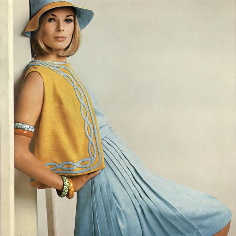 Anne de Zogheb in lovely jacket and dress in Dacron by Sylvia de Gay for Robert Sloan, Vogue, January 1, 1965