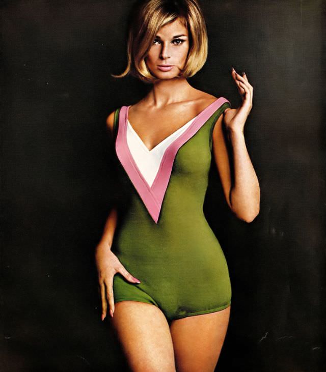 Anne de Zogheb in Peter pan swimsuit designed by Oleg Cassini, Harper's Bazaar, January 1965