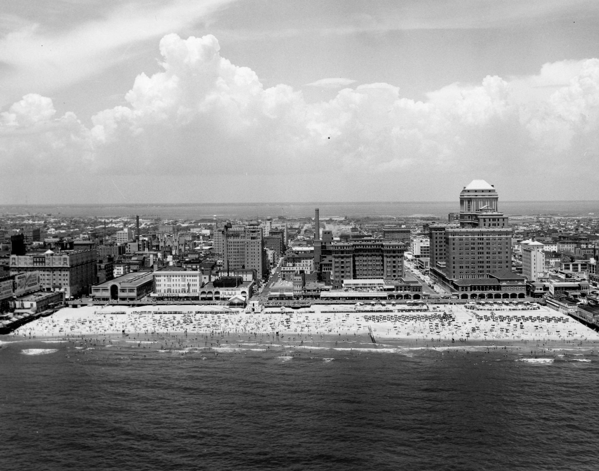 Atlantic City beach with the Haddon Hall Hotel (visible at right), Atlantic City, 1964