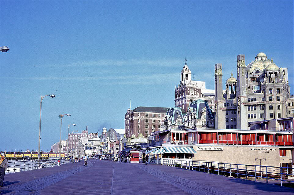 Atlantic City's famous Boardwalk running past the former Marlborough Blenheim Hotel and other shops and attractions