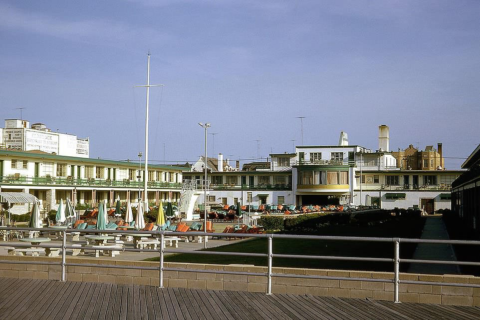 A snap showing one of the resorts in Atlantic City in 1962 with outdoor tables, chairs and sun loungers positioned ready for the guests