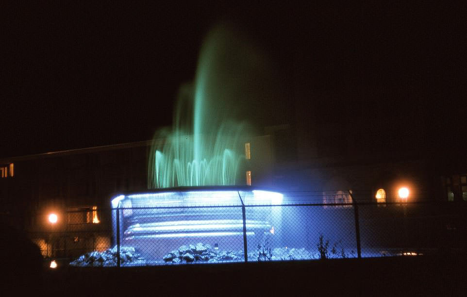 An illuminated water fountain entertains guests outside one of Atlantic City's hotels