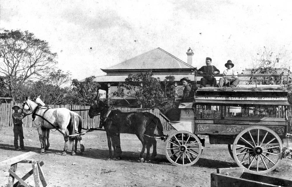 Brisbane Bus Company horse-drawn passenger vehicle traveling to Woolloongabba, Stanley Bridge and Coorparoo, 1904.